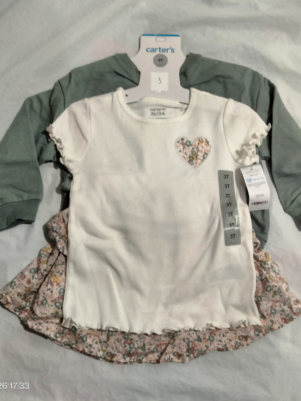 Carter's Toddler Girl 3T 3 Piece Floral Heart Dress Set Sweatshirt Layered